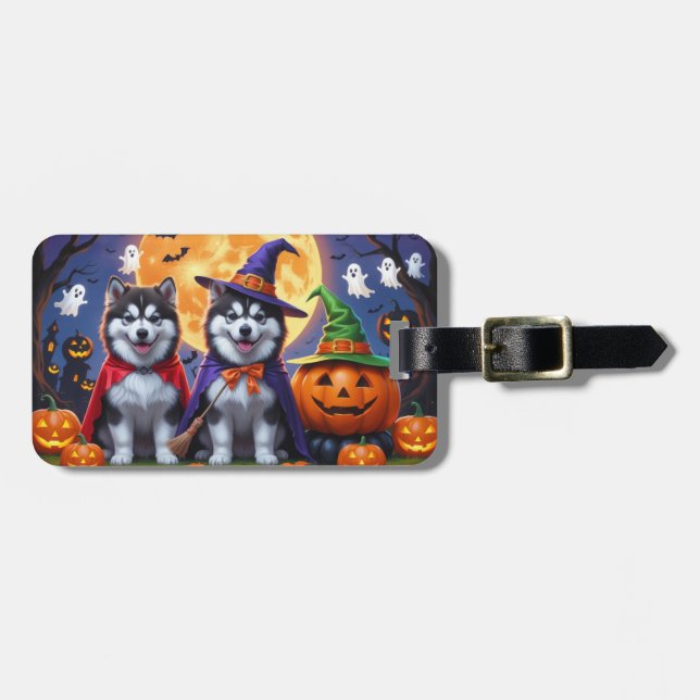 Alaska Malamute Hundar Pumpkin Halloween Funny Bagagebricka (Horisontell Framsida)