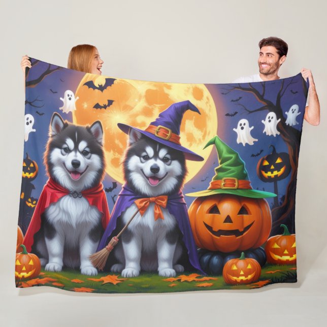 Alaska Malamute Hundar Pumpkin Halloween Funny Fleecefilt (På plats)