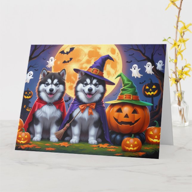Alaska Malamute Hundar Pumpkin Halloween Funny Kort (Gul blomma)