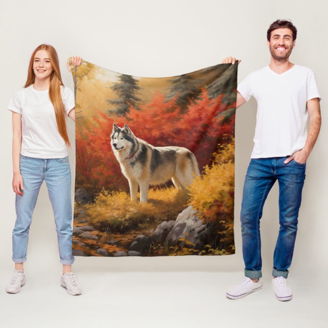 Alaska Malamute i Höst löv Fall Inspired Fleecefilt (På plats)
