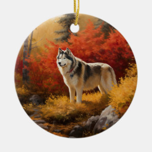 Alaska Malamute i Höst löv Fall Inspired Julgransprydnad Keramik