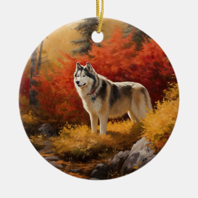Alaska Malamute i Höst löv Fall Inspired Julgransprydnad Keramik (Framsidan)
