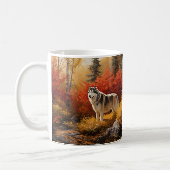 Alaska Malamute i Höst löv Fall Inspired Kaffemugg (Vänster)