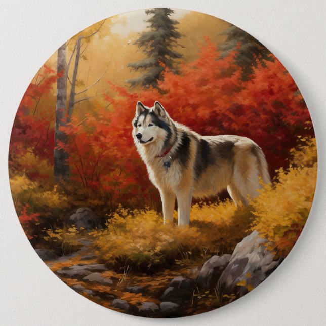 Alaska Malamute i Höst löv Fall Inspired Knapp (Framsida)