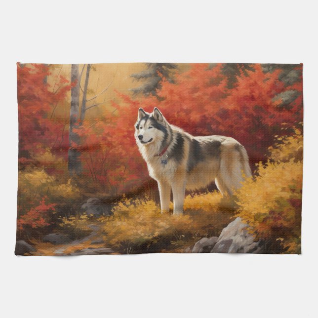 Alaska Malamute i Höst löv Fall Inspired Kökshandduk (Horisontell)