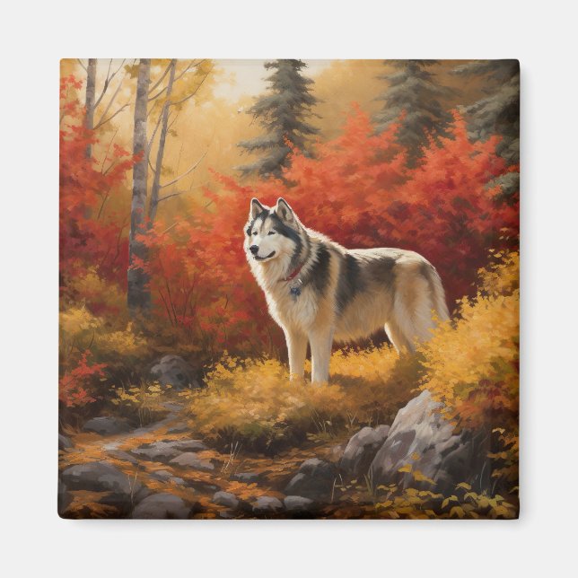Alaska Malamute i Höst löv Fall Inspired Magnet (Framsidan)