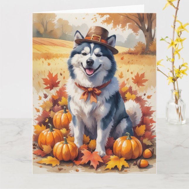 Alaska Malamute i Höst löv Thanksgiving Art Kort (Gul blomma)
