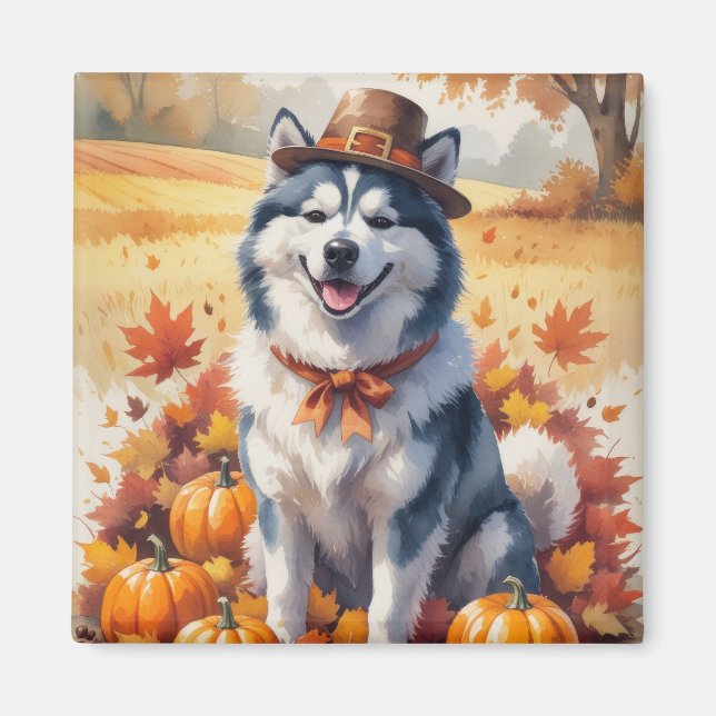Alaska Malamute i Höst löv Thanksgiving Art Magnet (Framsidan)