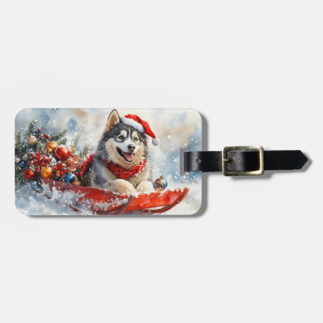 Alaska Malamute i Sledge Låt det snöa jul Bagagebricka (Horisontell Framsida)