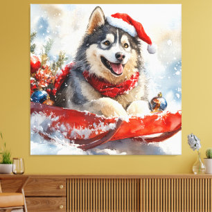 Alaska Malamute i Sledge Låt det snöa jul Canvastryck
