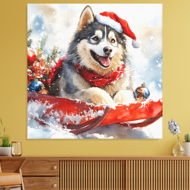 Alaska Malamute i Sledge Låt det snöa jul Canvastryck (Insitu (Vardagsrum))