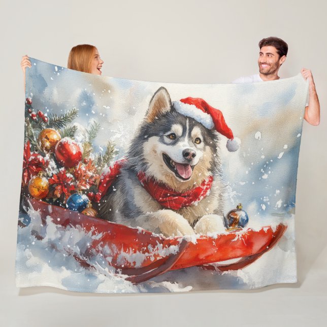 Alaska Malamute i Sledge Låt det snöa jul Fleecefilt (På plats)