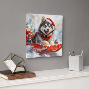 Alaska Malamute i Sledge Låt det snöa jul Fyrkantig Klocka