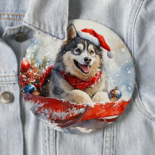 Alaska Malamute i Sledge Låt det snöa jul Knapp