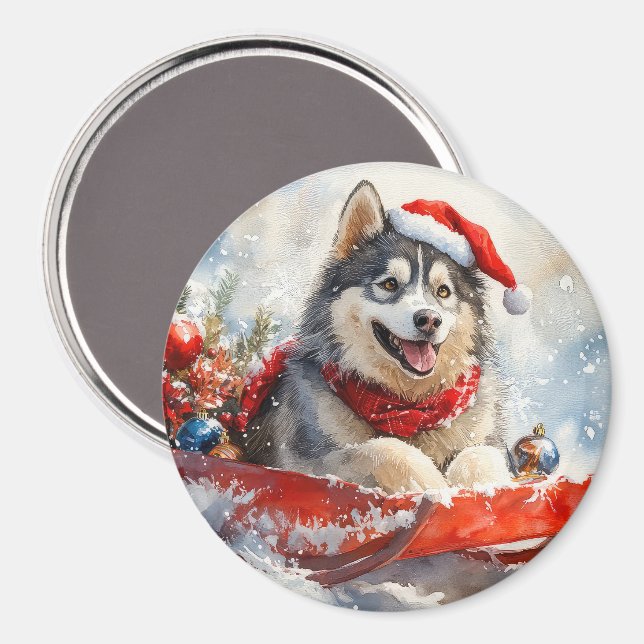 Alaska Malamute i Sledge Låt det snöa jul Magnet (Front/Back)