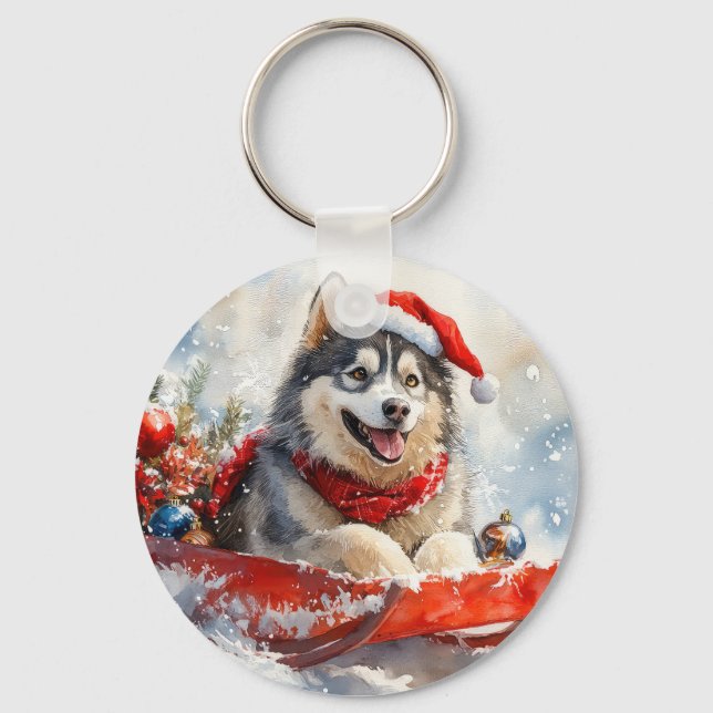 Alaska Malamute i Sledge Låt det snöa jul Nyckelring (Framsida)