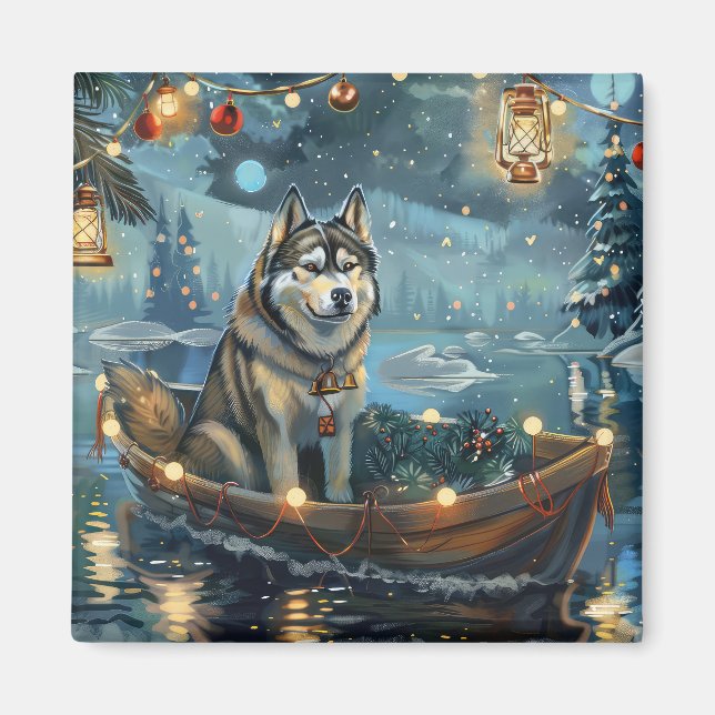 Alaska Malamute jul - festlig resa Magnet (Framsidan)