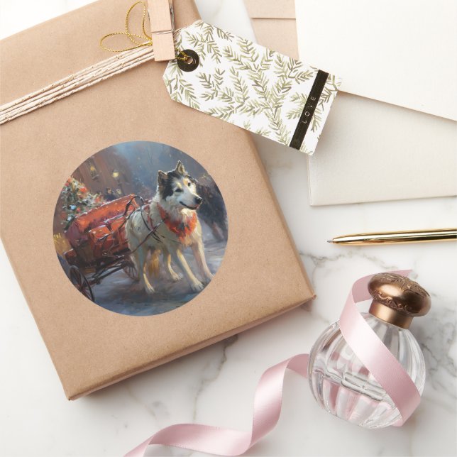 Alaska Malamute jul - helgsäsong Runt Klistermärke (Gåvor)