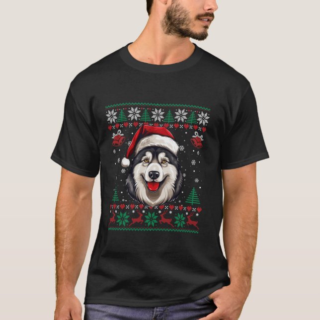 Alaska Malamute jultomten Ugly Sweater Hund T Shirt (Framsida)