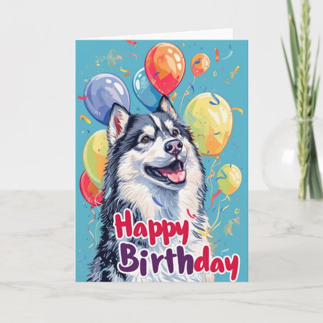 Alaska Malamute med ballonger på födelsedagen Kort (Framsida)