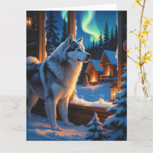 Alaska Malamute med jul Ljus Helgdag Kort