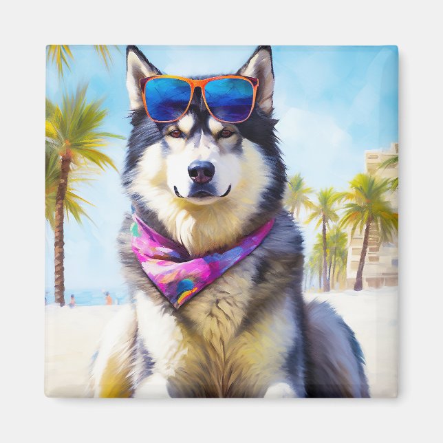 Alaska Malamute på Beach, sommargåva Magnet (Framsidan)
