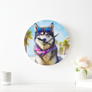 Alaska Malamute på Beach, sommargåva Stor Klocka