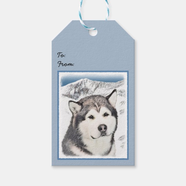 Alaska Malamute Painting - Cute Original Hund Art Presentetikett (Framsidan)