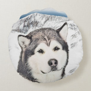 Alaska Malamute Painting - Cute Original Hund Art Rund Kudde