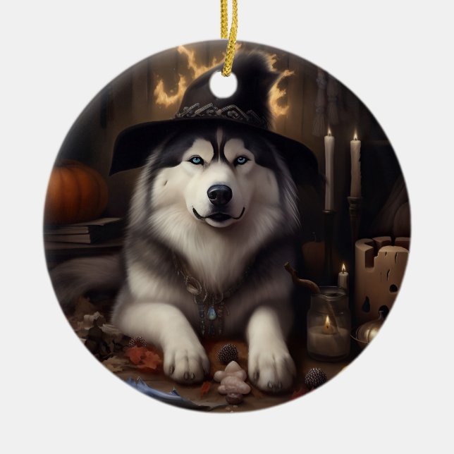 Alaska Malamute Pumpkins Halloween Scary Julgransprydnad Keramik (Framsidan)
