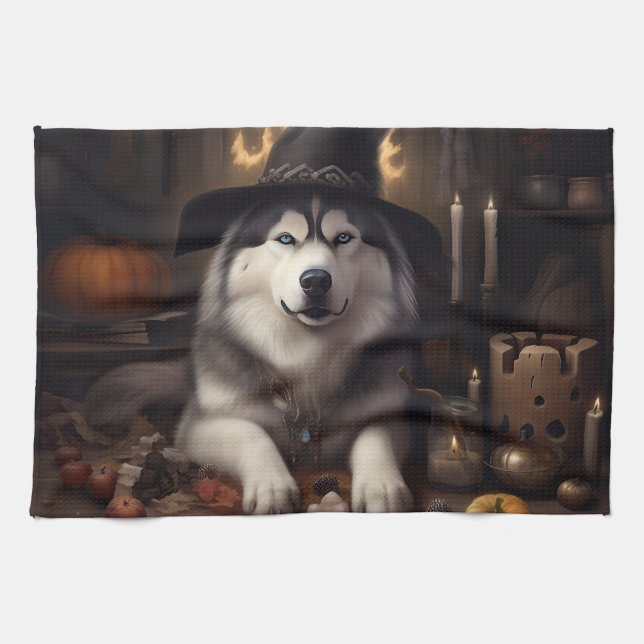 Alaska Malamute Pumpkins Halloween Scary Kökshandduk (Horisontell)