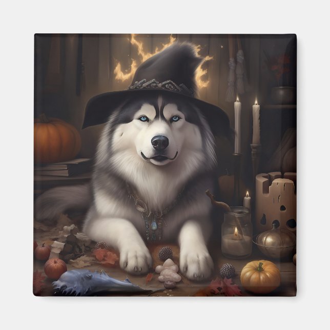 Alaska Malamute Pumpkins Halloween Scary Magnet (Framsidan)