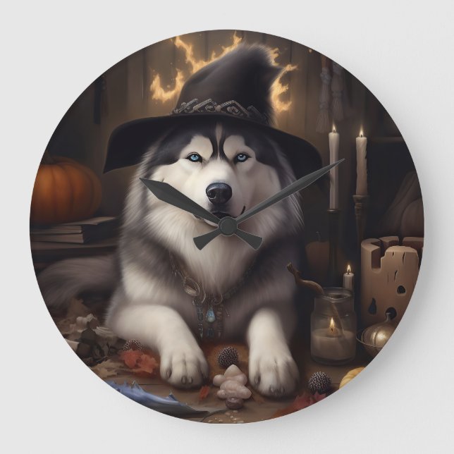 Alaska Malamute Pumpkins Halloween Scary Stor Klocka (Framsida)