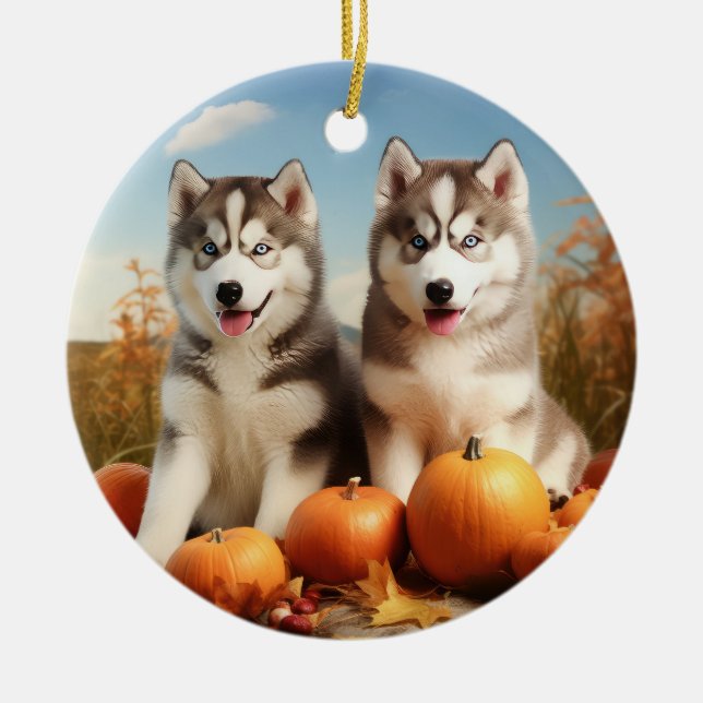 Alaska Malamute Puppy Autumn Delight Pumpkin Julgransprydnad Keramik (Framsidan)