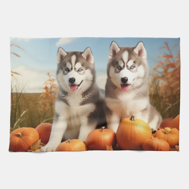 Alaska Malamute Puppy Autumn Delight Pumpkin Kökshandduk (Horisontell)