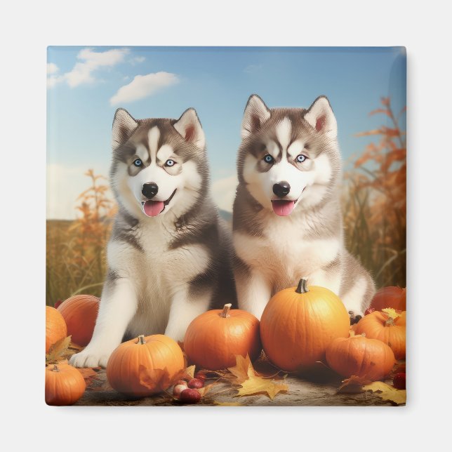 Alaska Malamute Puppy Autumn Delight Pumpkin Magnet (Framsidan)