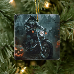 Alaska Malamute Riding Motorcycle Halloween Scary Julgransprydnad Keramik