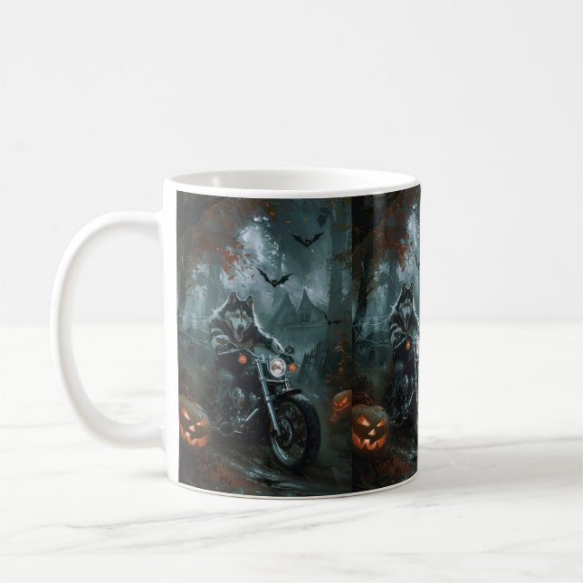 Alaska Malamute Riding Motorcycle Halloween Scary Kaffemugg (Vänster)