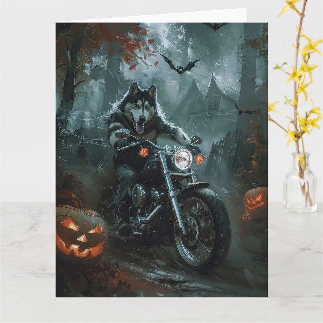 Alaska Malamute Riding Motorcycle Halloween Scary Kort (Gul blomma)