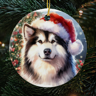 Alaska Malamute Santa Hat Watercolor jul Julgransprydnad Keramik