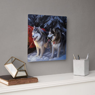 Alaska Malamute Snowy Sleigh Ride Jul Fyrkantig Klocka