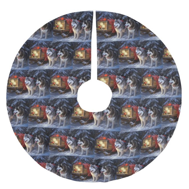 Alaska Malamute Snowy Sleigh Ride Jul Julgransmatta Borstad Polyester (Framsidan)