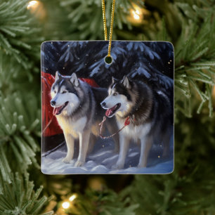 Alaska Malamute Snowy Sleigh Ride Jul Julgransprydnad Keramik