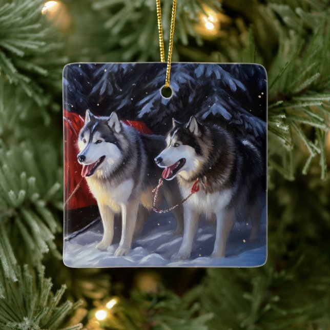 Alaska Malamute Snowy Sleigh Ride Jul Julgransprydnad Keramik (Träd)
