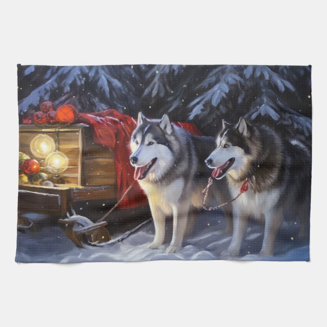 Alaska Malamute Snowy Sleigh Ride Jul Kökshandduk (Horisontell)