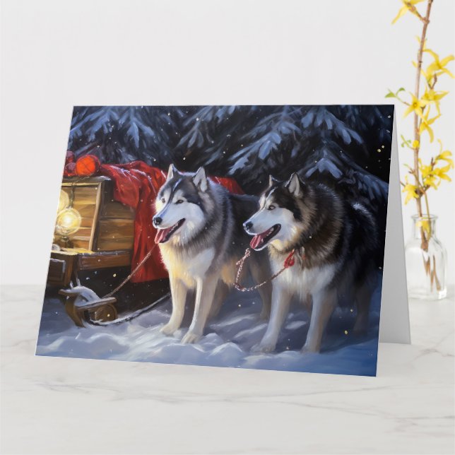 Alaska Malamute Snowy Sleigh Ride Jul Kort (Gul blomma)