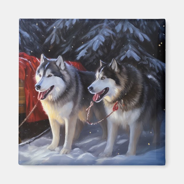 Alaska Malamute Snowy Sleigh Ride Jul Magnet (Framsidan)