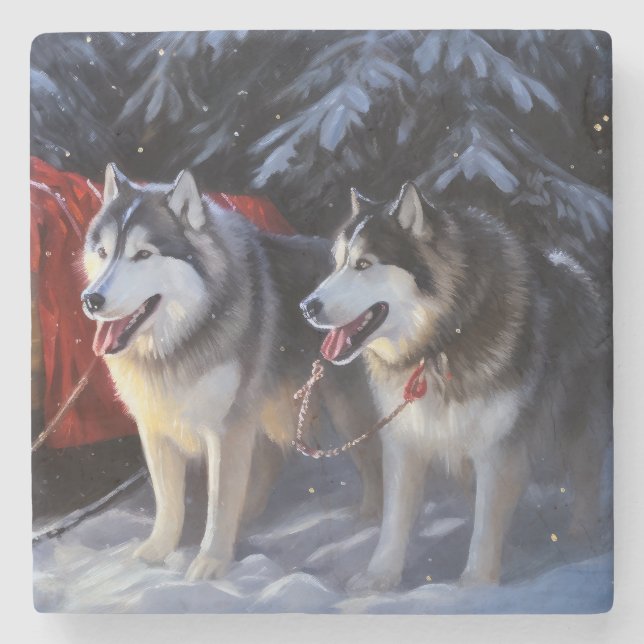 Alaska Malamute Snowy Sleigh Ride Jul Stenunderlägg (Framsidan)