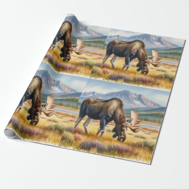 Alaska Moose Digital Watercolor Wrapping Papper Presentpapper (Utrullad)