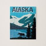 Alaska Moose Mountain Pussel<br><div class="desc">Underbart poster stil-konstverk har Alaska-berg med glaciärer, vatten, träd och en älg. Roligt för hela familjen.</div>